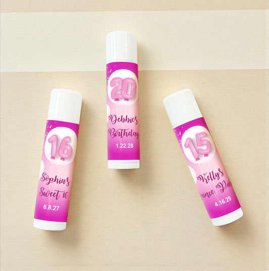 Pink Birthday Party Personalized Lip Balm Favors (Set of 12)