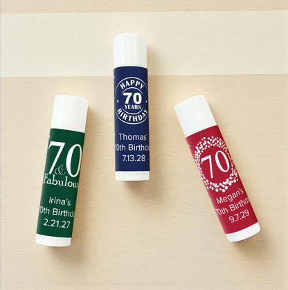 70th Birthday Personalized Lip Balm Favors (Set of 12)