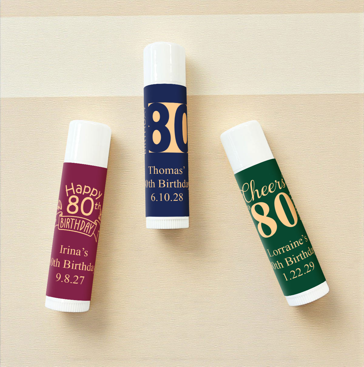 80th Birthday Personalized Lip Balm Favors (Set of 12)