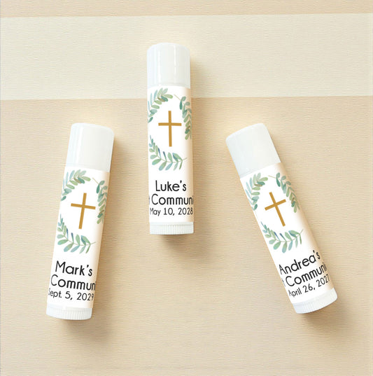 Botanical Greenery First Communion Personalized Lip Balm Favors (Set of 12)