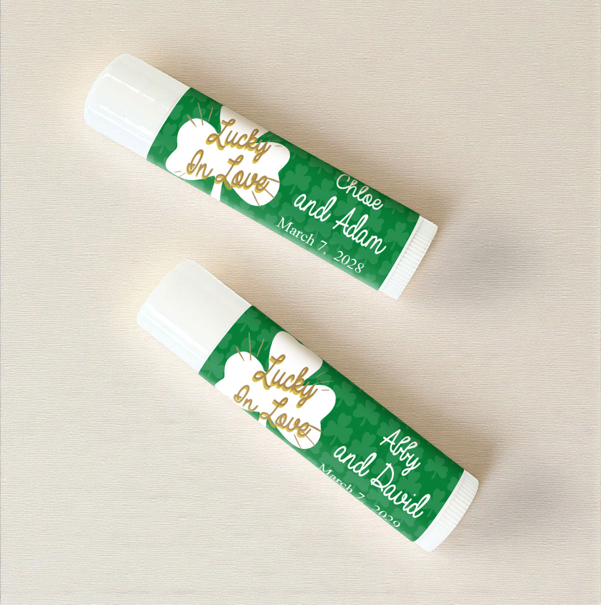 Lucky In Love Shamrock Personalized Lip Balm Favors (Set of 12)