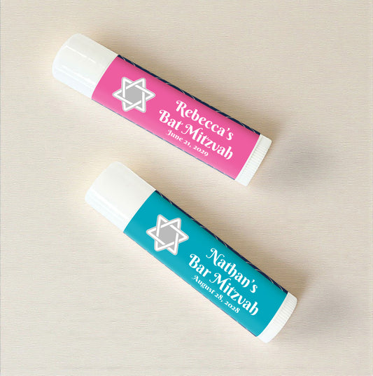 Star Of David Mitzvah Personalized Lip Balm Favors (Set of 12)
