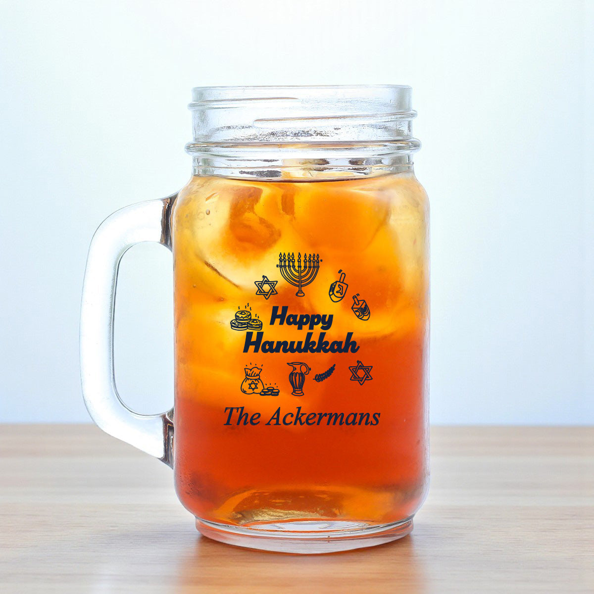 Happy Hanukkah Personalized Mason Glass Mug (Set of 18)