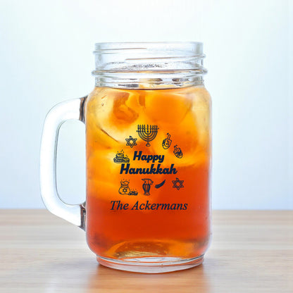 Happy Hanukkah Personalized Mason Glass Mug (Set of 18)