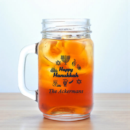 Happy Hanukkah Personalized Mason Glass Mug (Set of 18)