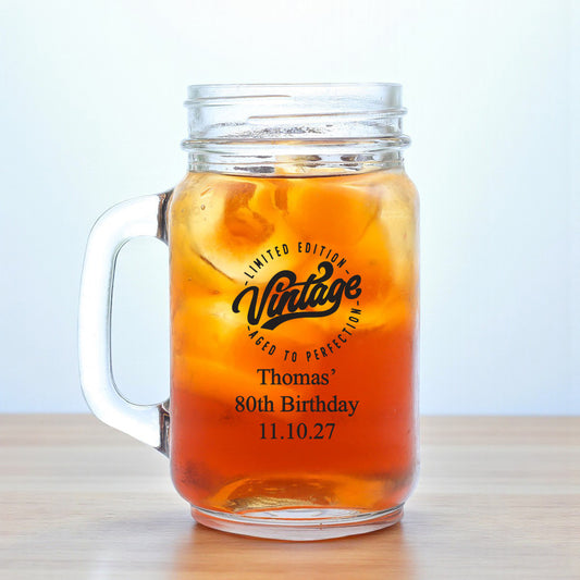 80th Birthday Personalized Mason Glass Mug (Set of 18)