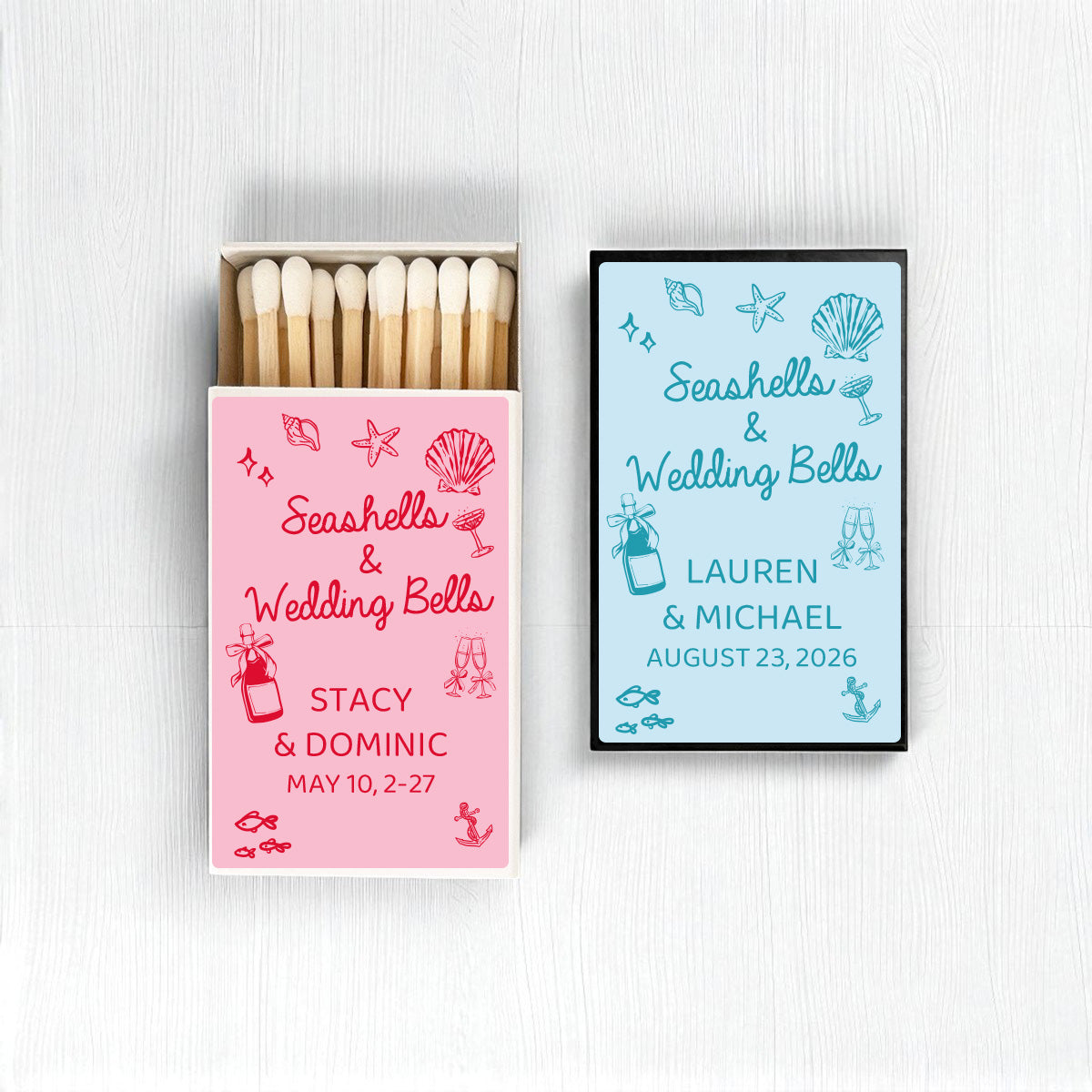 Seashell & Wedding Bells Personalized Matches (Set of 50)