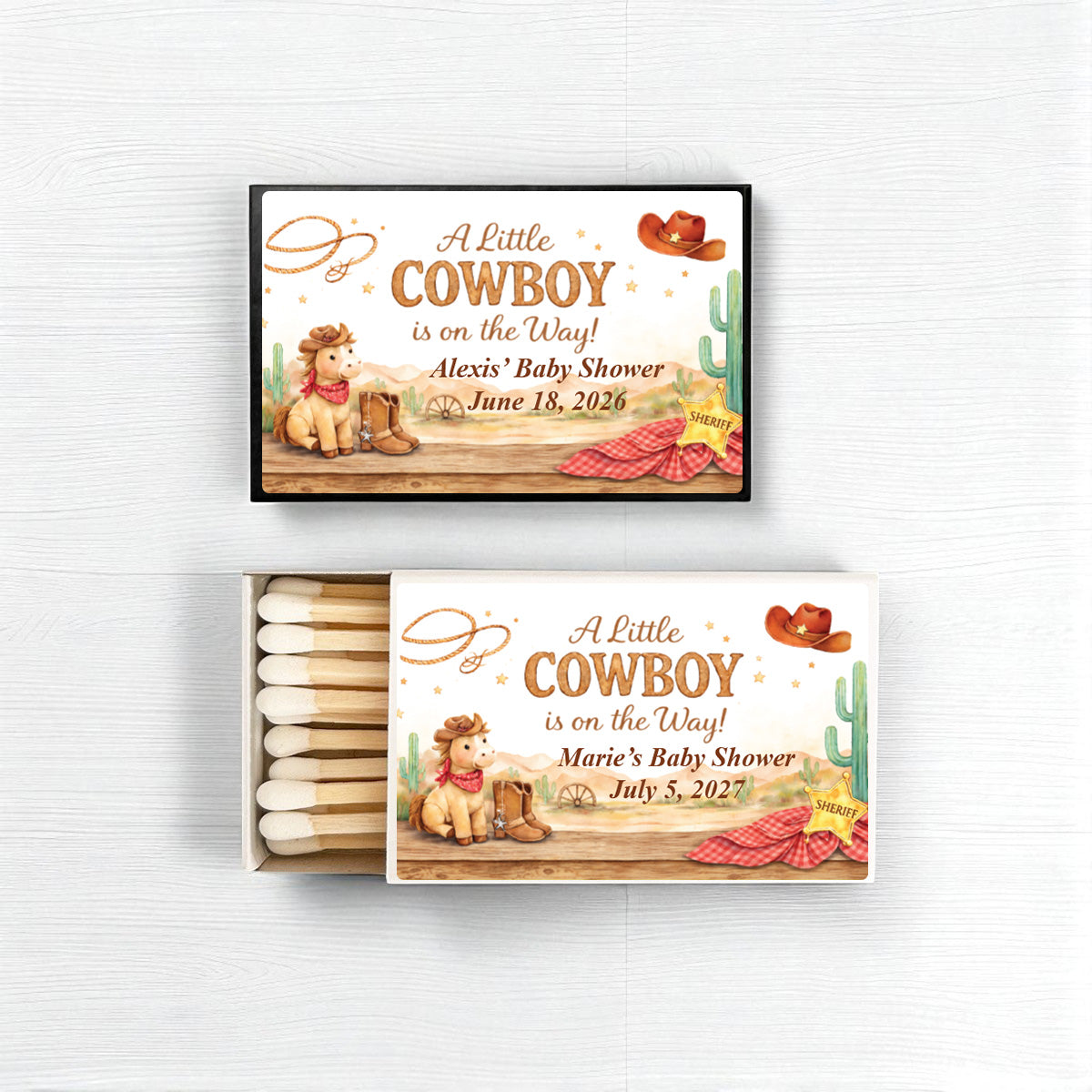A Little Cowboy is on the Way Wild West Rodeo Personalized Matches (Set of 50)