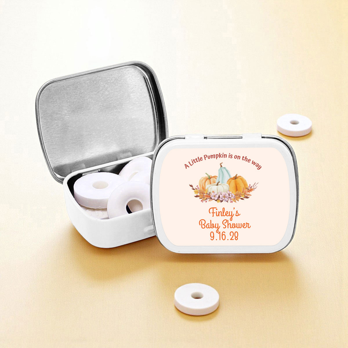 A Little Pumpkin Is On The Way Personalized Empty Mint Candy Tins (Set of 12)