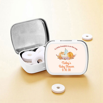 A Little Pumpkin Is On The Way Personalized Empty Mint Candy Tins (Set of 12)