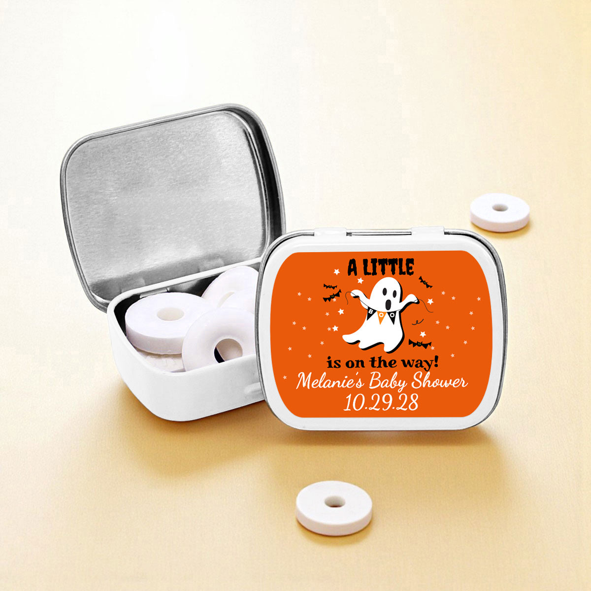 A Little Boo Is On The Way Personalized Empty Mint Candy Tins (Set of 12)