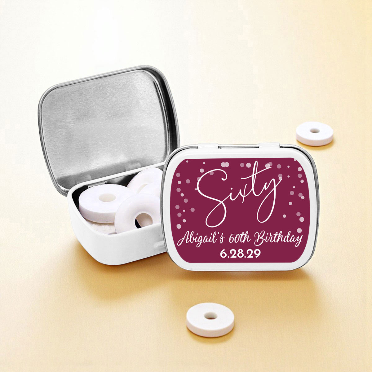 60th Birthday Personalized Empty Mint Candy Tins (Set of 12)