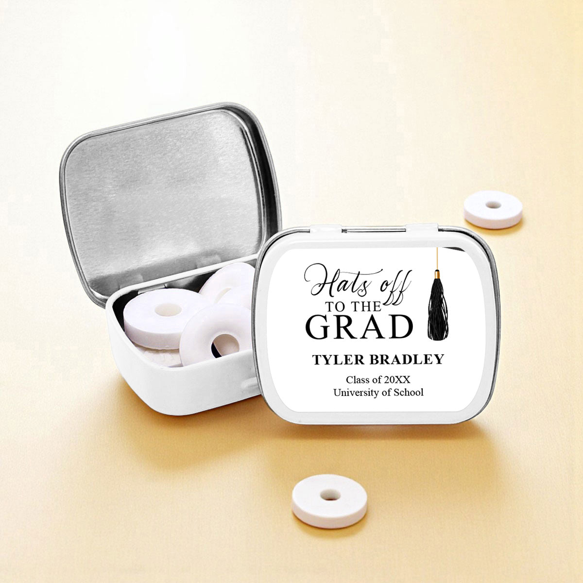 Hats Off The Grad Personalized Empty Mint Candy Tins (Set of 12)