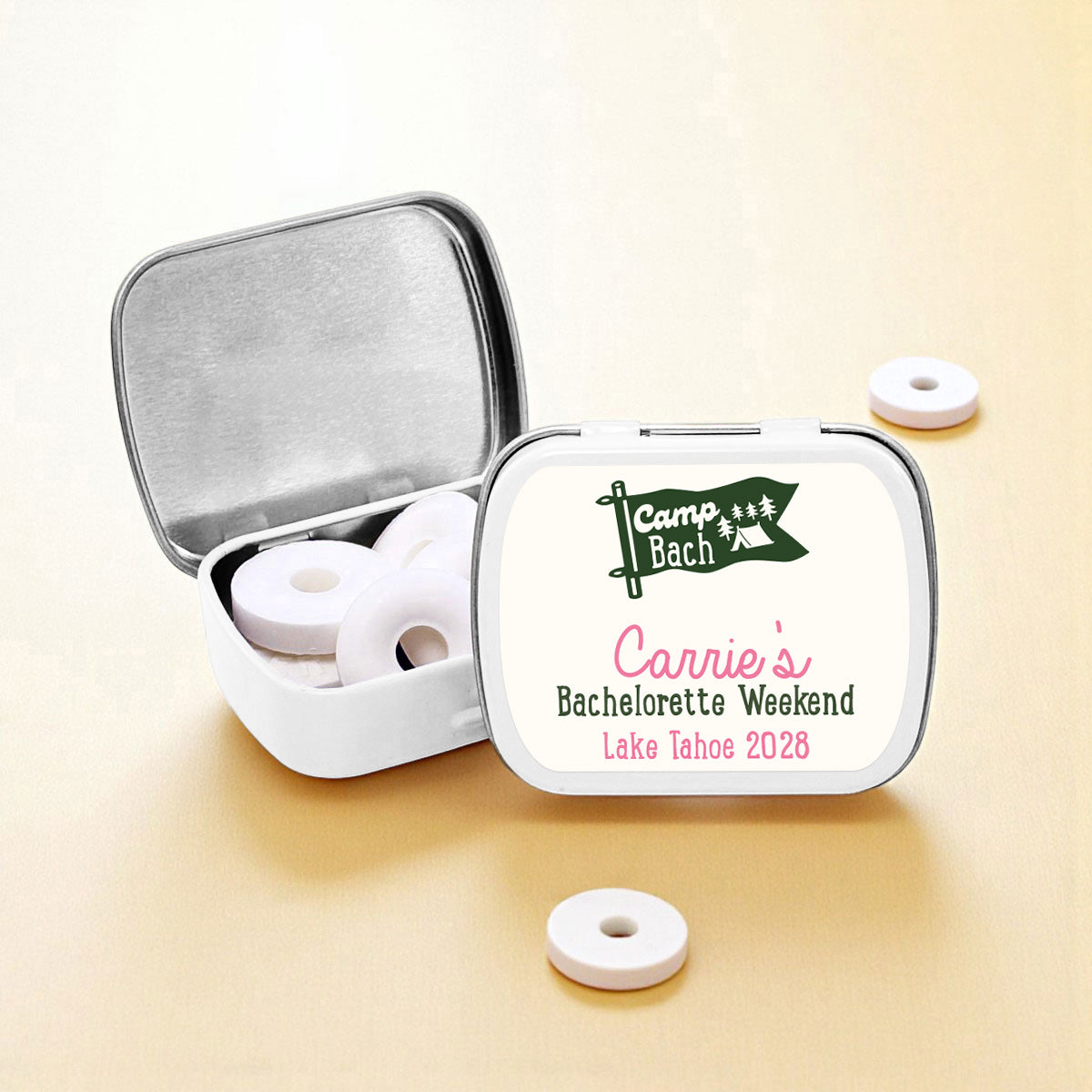 Camp Bach Personalized Empty Mint Candy Tins (Set of 12)