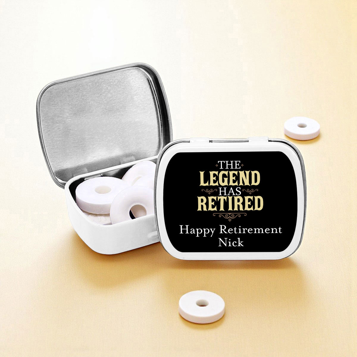 The Legend Has Retired Personalized Empty Mint Candy Tins (Set of 12)