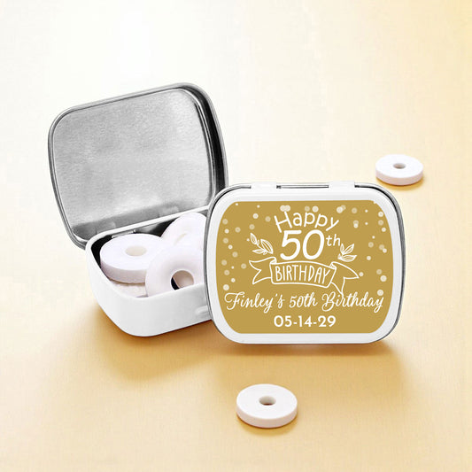 50th Birthday Personalized Empty Mint Candy Tins (Set of 12)