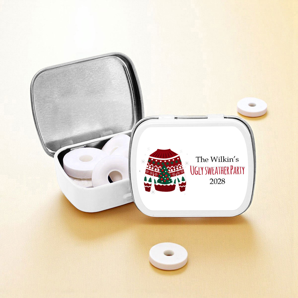 Ugly Sweater Party Personalized Empty Mint Candy Tins (Set of 12)