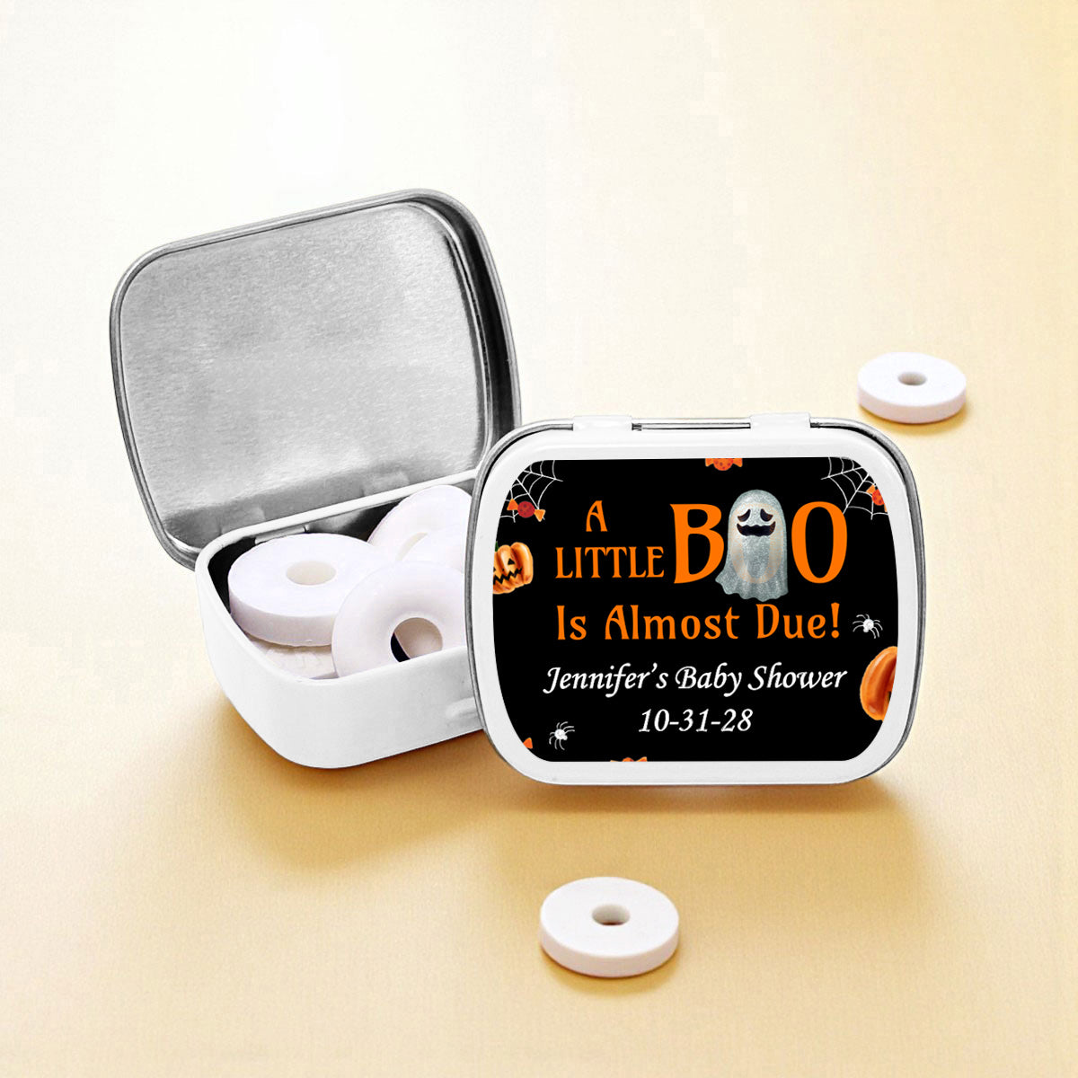 A Little Boo Is Almost Due Personalized Empty Mint Candy Tins (Set of 12)