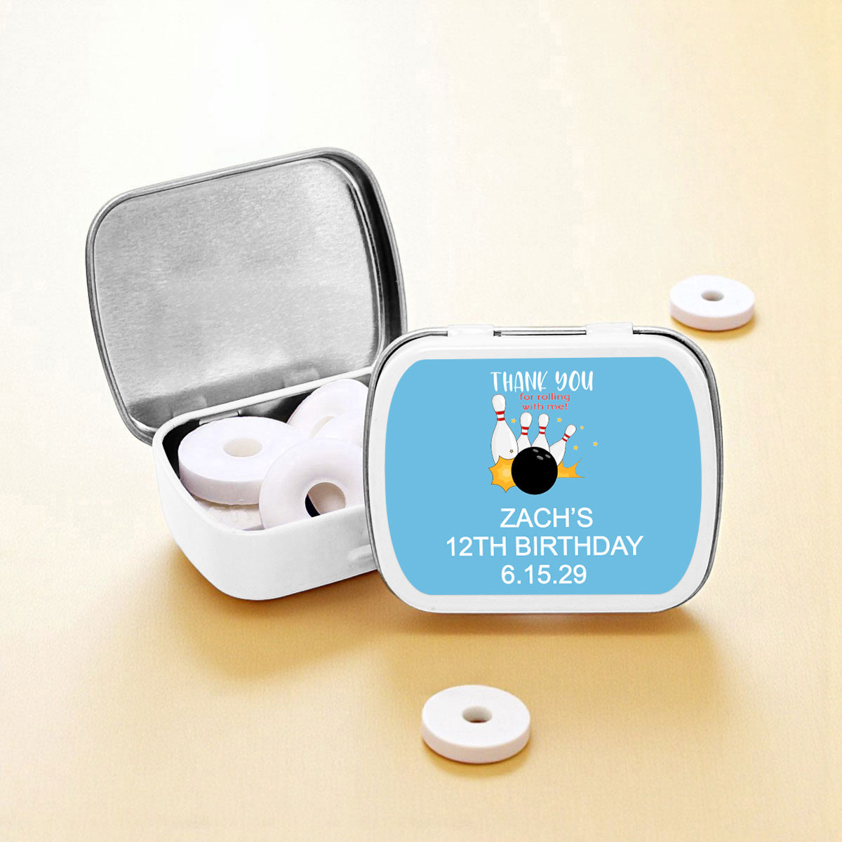 Bowling Kids Birthday Personalized Empty Mint Candy Tins (Set of 12)