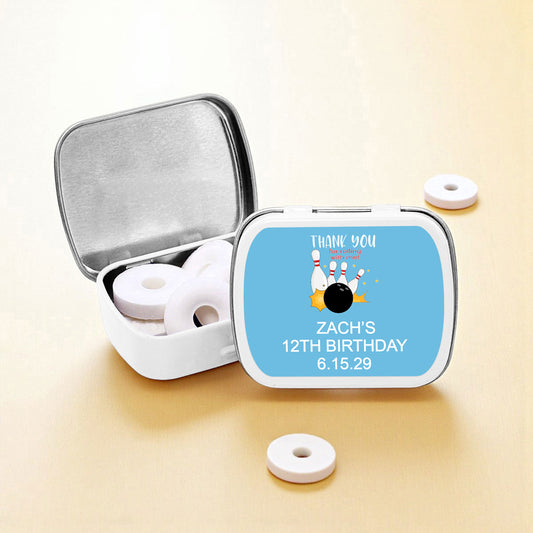 Bowling Kids Birthday Personalized Empty Mint Candy Tins (Set of 12)