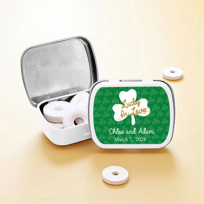 Lucky In Love Shamrock Personalized Empty Mint Candy Tins (Set of 12)