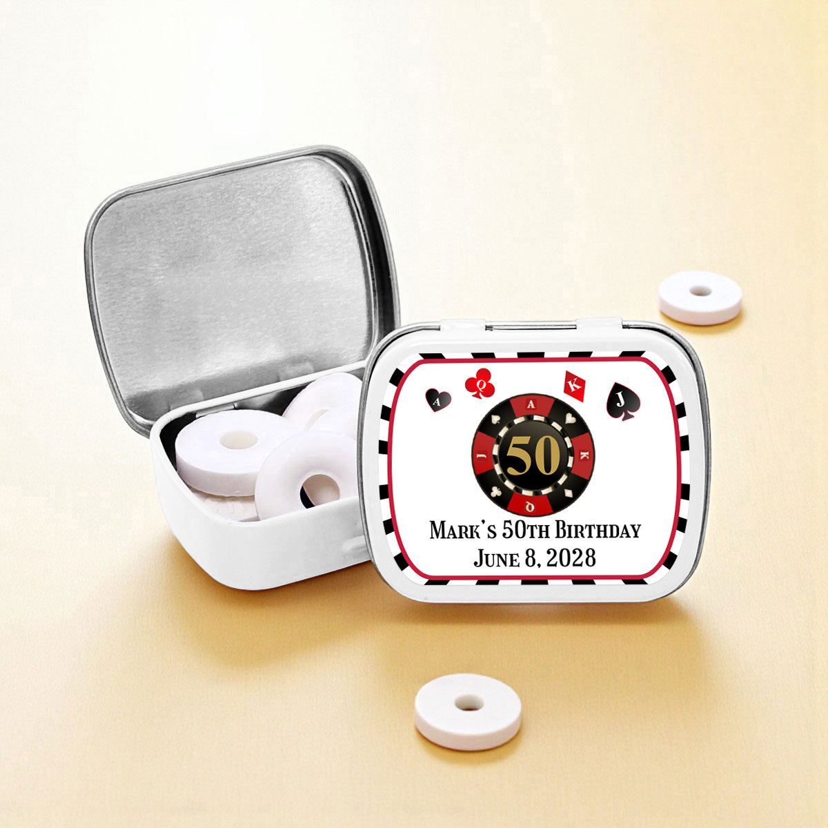 Vegas Birthday Personalized Empty Mint Candy Tins (Set of 12)