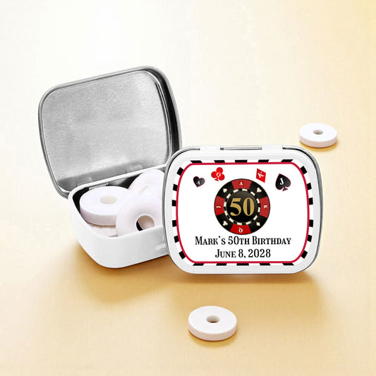 Vegas Birthday Personalized Empty Mint Candy Tins (Set of 12)