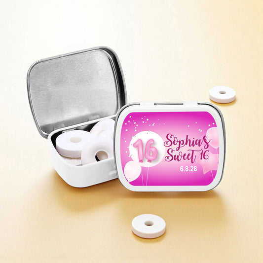Pink Birthday Party Personalized Empty Mint Candy Tins (Set of 12)