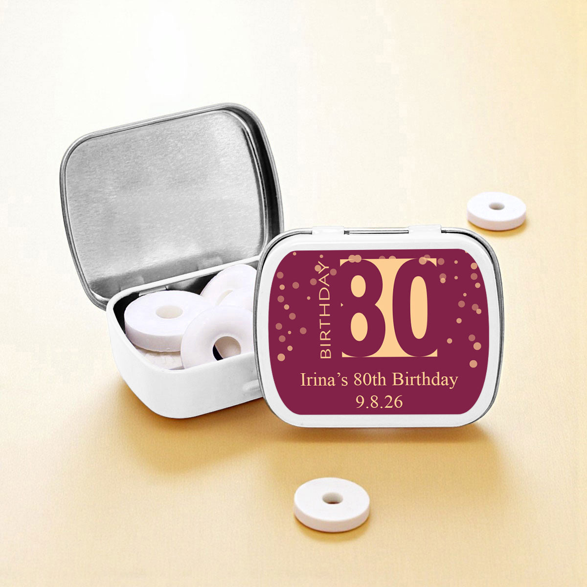 80th Birthday Personalized Empty Mint Candy Tins (Set of 12)