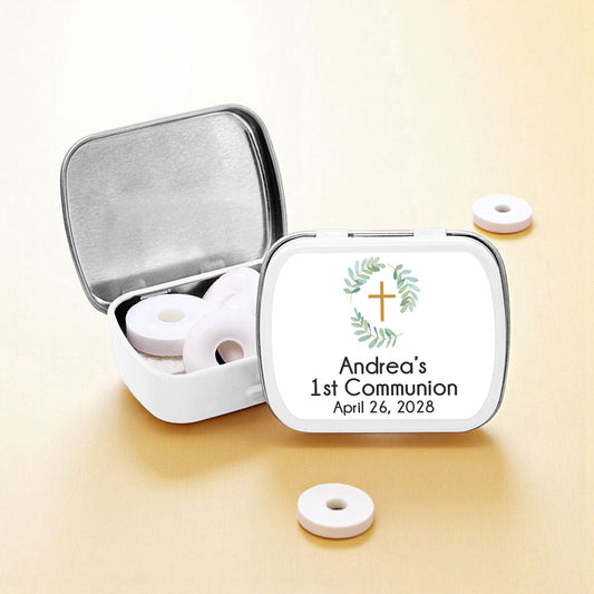 Botanical Greenery First Communion Personalized Empty Mint Candy Tins (Set of 12)