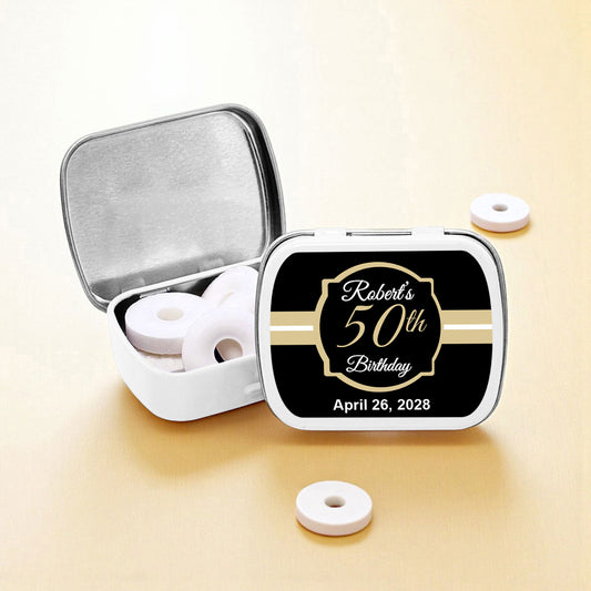 Black & Gold Birthday Personalized Empty Mint Candy Tins (Set of 12)