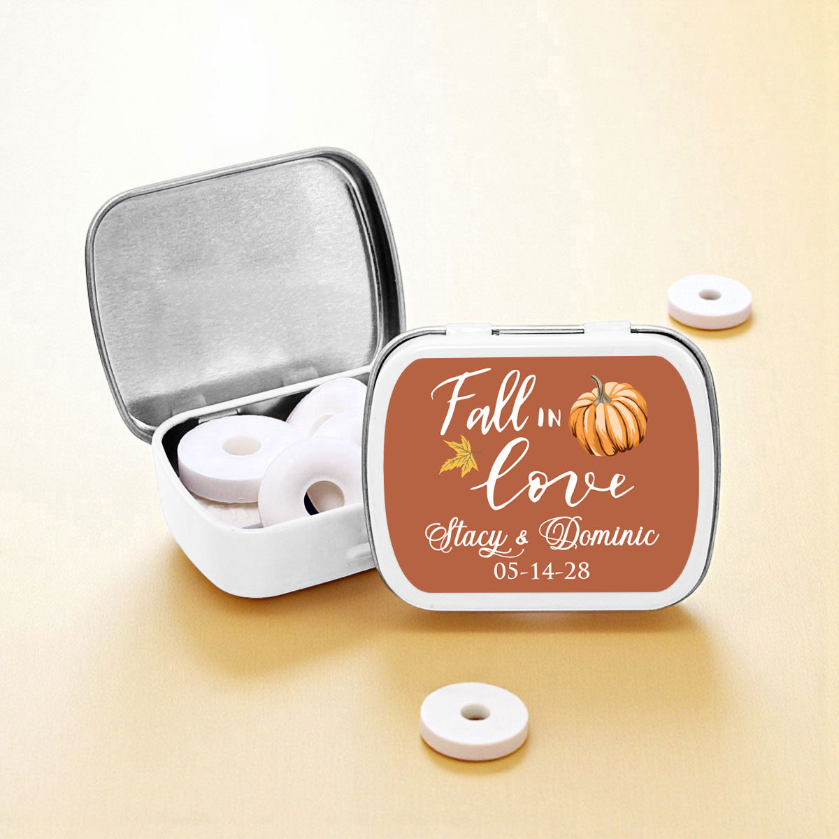Fall In Love Pumpkin Personalized Empty Mint Candy Tins (Set of 12)