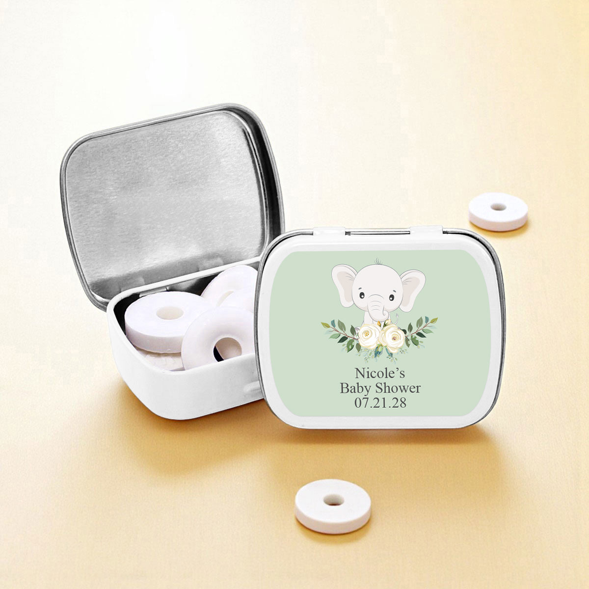 Baby Elephant Personalized Empty Mint Candy Tins (Set of 12)