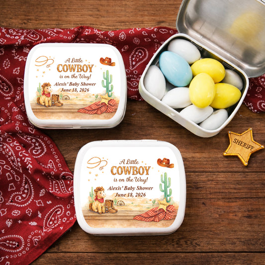 A Little Cowboy is on the Way Wild West Rodeo Personalized Empty Mint Candy Tins (Set of 12)