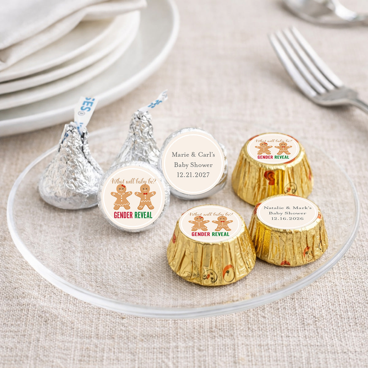 Gingerbread Gender Reveal Personalized Kisses & Reese's Candy Labels (Set of 100)