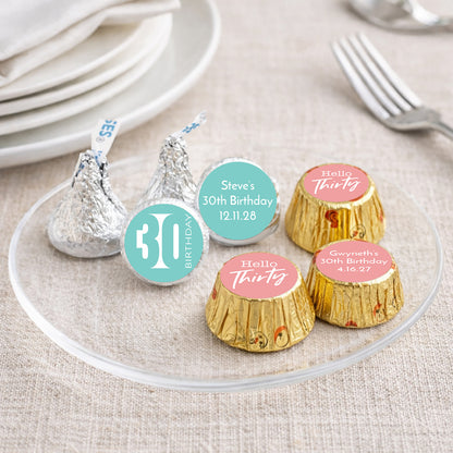 30th Birthday Personalized Kisses & Reese's Candy Labels (Set of 100)