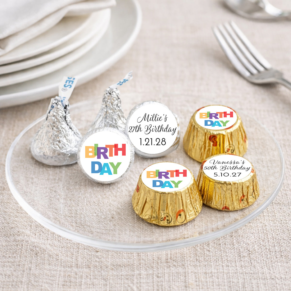 Colorful Birthday Personalized Kisses & Reese's Candy Labels (Set of 100)