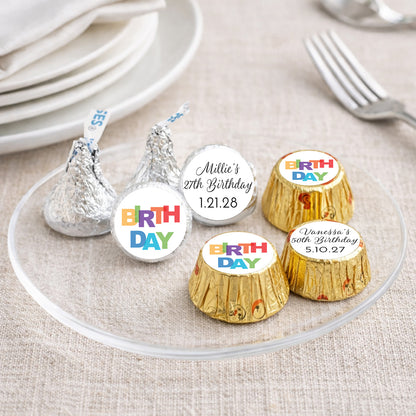 Colorful Birthday Personalized Kisses & Reese's Candy Labels (Set of 100)