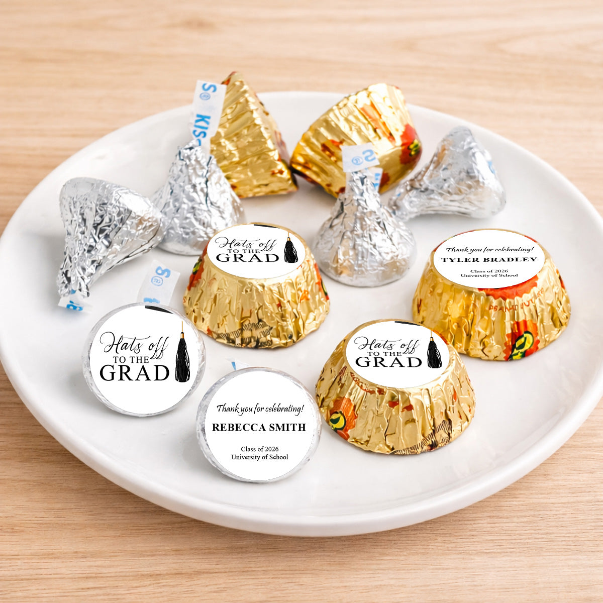 Hats Off The Grad Personalized Kisses & Reese's Candy Labels (Set of 100)