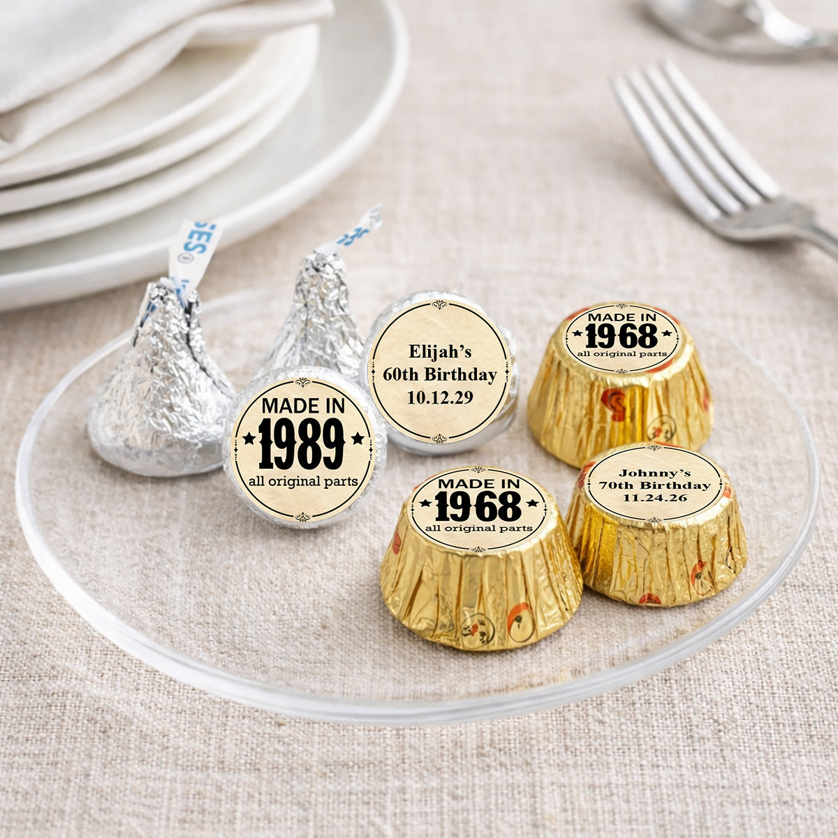 Made In Year All Original Parts Personalized Kisses & Reese's Candy Labels (Set of 100)