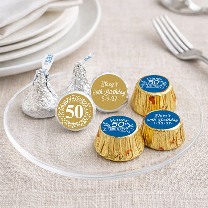 50th Birthday Personalized Kisses & Reese's Candy Labels (Set of 100)