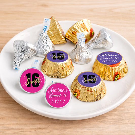 Sweet 16 Personalized Kisses & Reese's Candy Labels (Set of 100)
