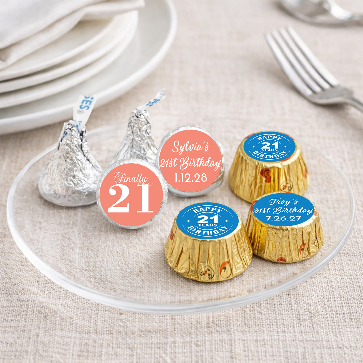 21st Birthday Personalized Kisses & Reese's Candy Labels (Set of 100)