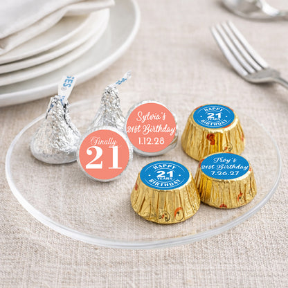 21st Birthday Personalized Kisses & Reese's Candy Labels (Set of 100)
