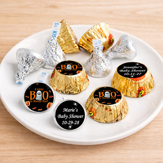 A Little Boo Is Almost Due Personalized Kisses & Reese's Candy Labels (Set of 100)