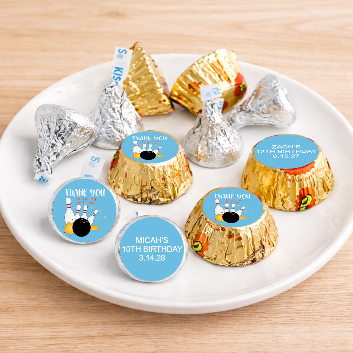 Bowling Kids Birthday Personalized Kisses & Reese's Candy Labels (Set of 100)