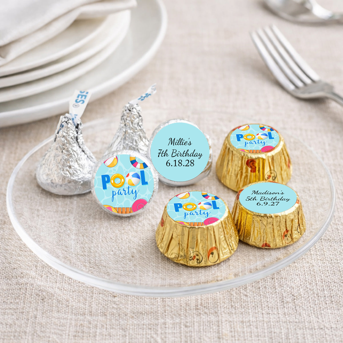 Pool Party Birthday Personalized Kisses & Reese's Candy Labels (Set of 100)