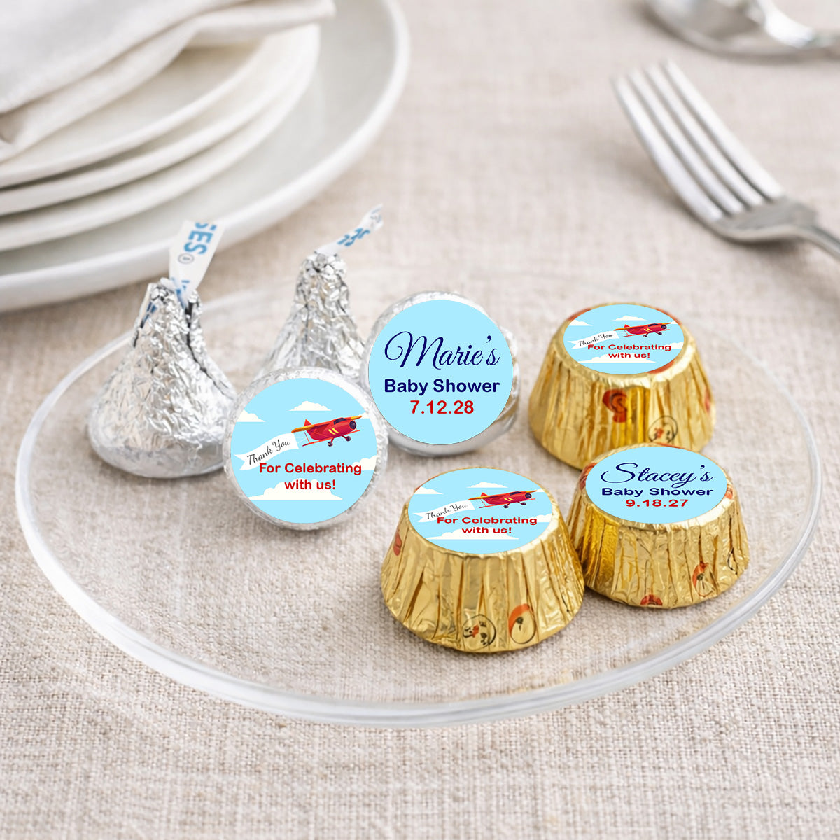 Airplane Birthday Baby Shower Personalized Kisses & Reese's Candy Labels (Set of 100)