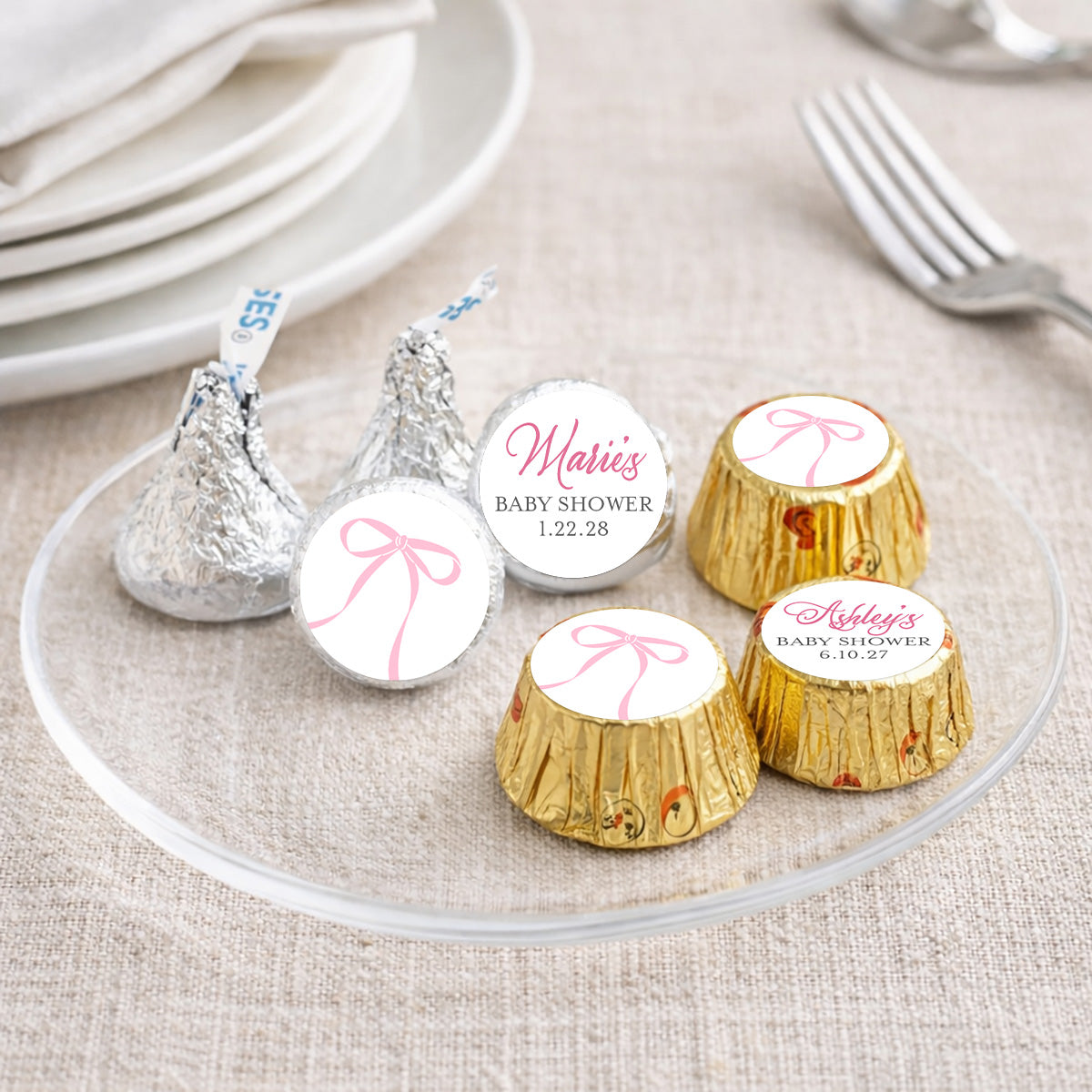 Pink Bow Baby Shower Personalized Kisses & Reese's Candy Labels (Set of 100)