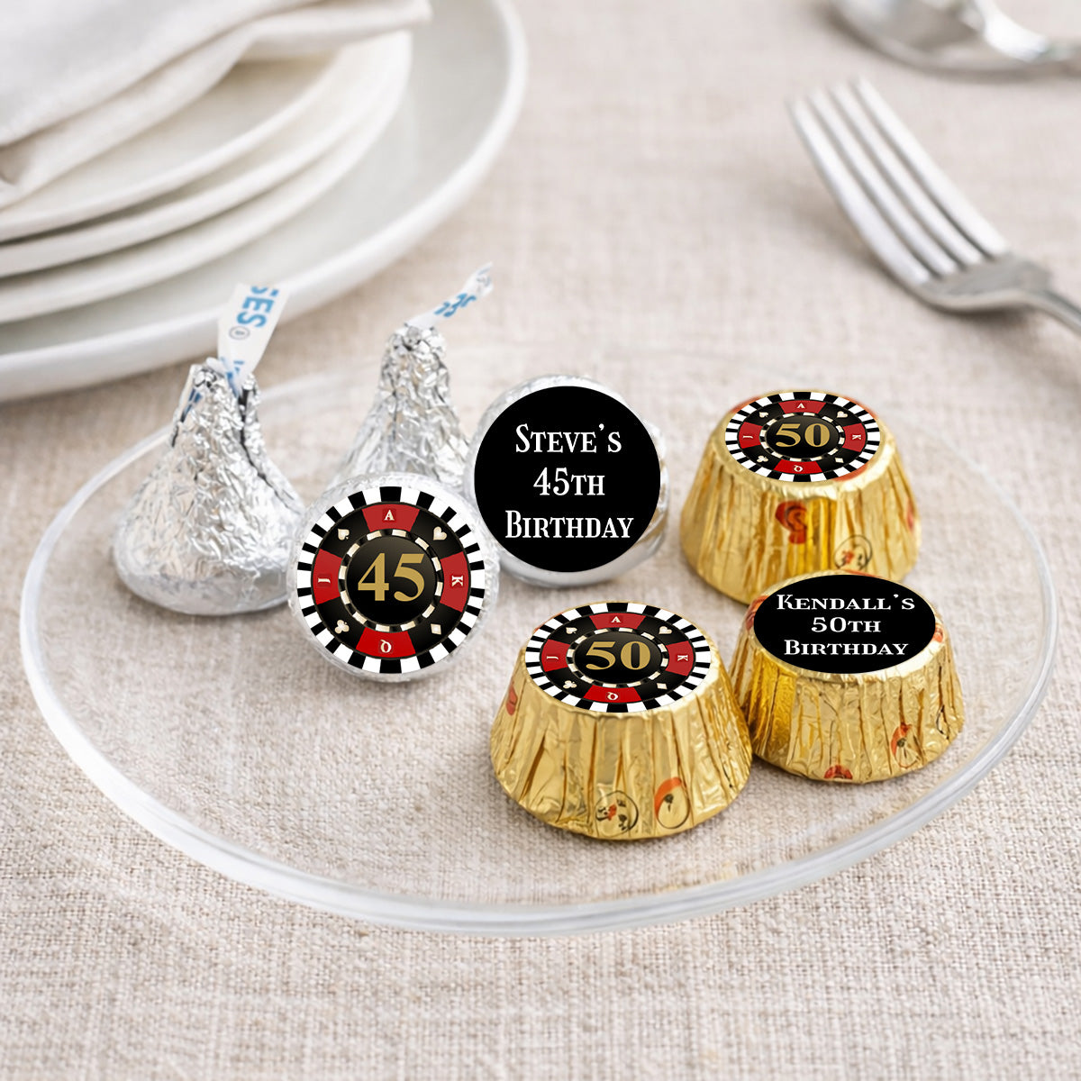 Vegas Birthday Personalized Kisses & Reese's Candy Labels (Set of 100)